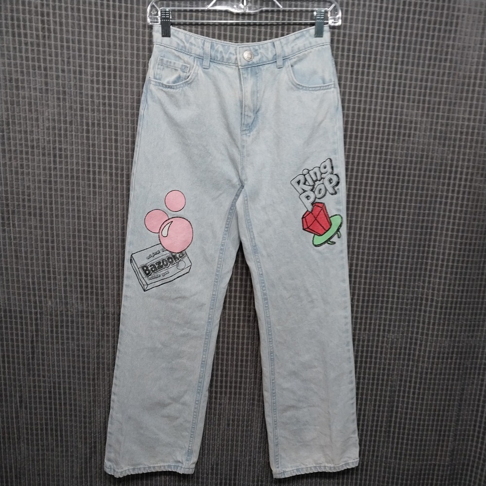 Justice Baggy Jeans Girls Bazooka Ring Pop Graphic Light Wash 12 Blue Y2K